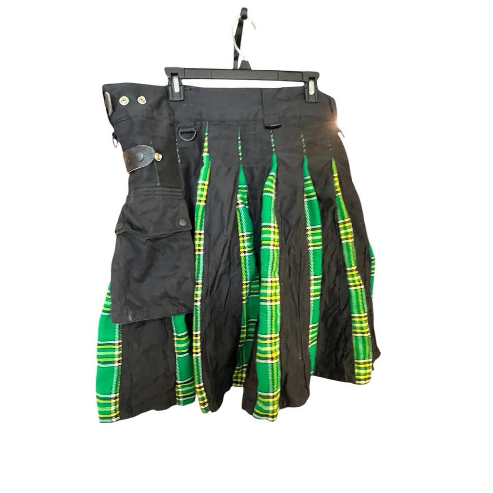 Black Utility Kilt with Green Tartan Pleats‎ Cargo Pockets Adjustable Men’s 42 - Picture 10 of 12